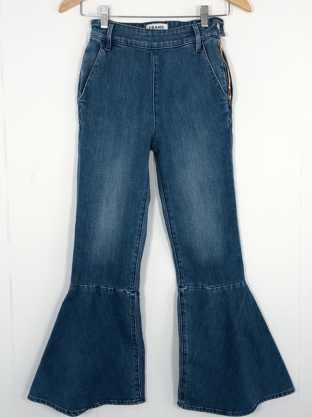 Frame Denim High Rise Flare Jean Flounce Crop Size 24 Copeland Blue Medium Wash